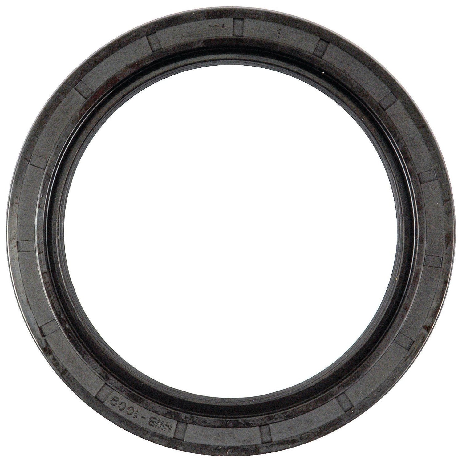 Image of a round, black rubber seal with inscriptions around the inner edge, commonly used in mechanical applications to prevent fluid leakage. This Sparex Imperial Rotary Shaft Seal (2 1/2'' x 3 1/4'' x 3/8'', Part No. S.7855) is an essential component in maintaining the integrity of David Brown tractor parts.