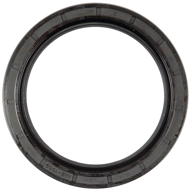 Image of a round, black rubber seal with inscriptions around the inner edge, commonly used in mechanical applications to prevent fluid leakage. This Sparex Imperial Rotary Shaft Seal (2 1/2'' x 3 1/4'' x 3/8'', Part No. S.7855) is an essential component in maintaining the integrity of David Brown tractor parts.