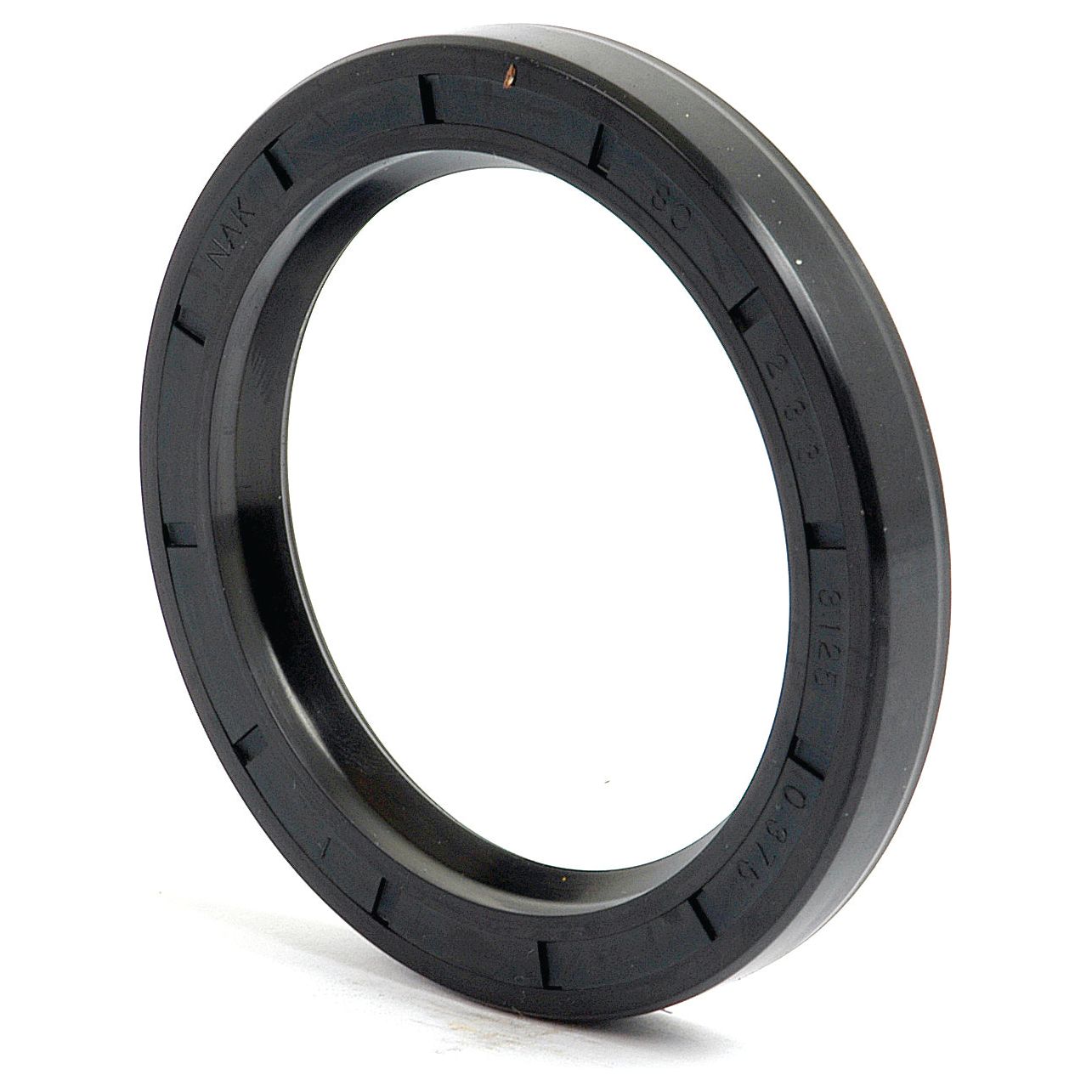 A black circular rubber seal with embossed text on its surface, viewed at a slight angle, standing upright against a white background. This is the Imperial Rotary Shaft Seal (2 5/16" x 3 1/8" x 3/8") by Sparex, perfect for those seeking Massey Ferguson compatible solutions (Sparex Part No. S.40807).