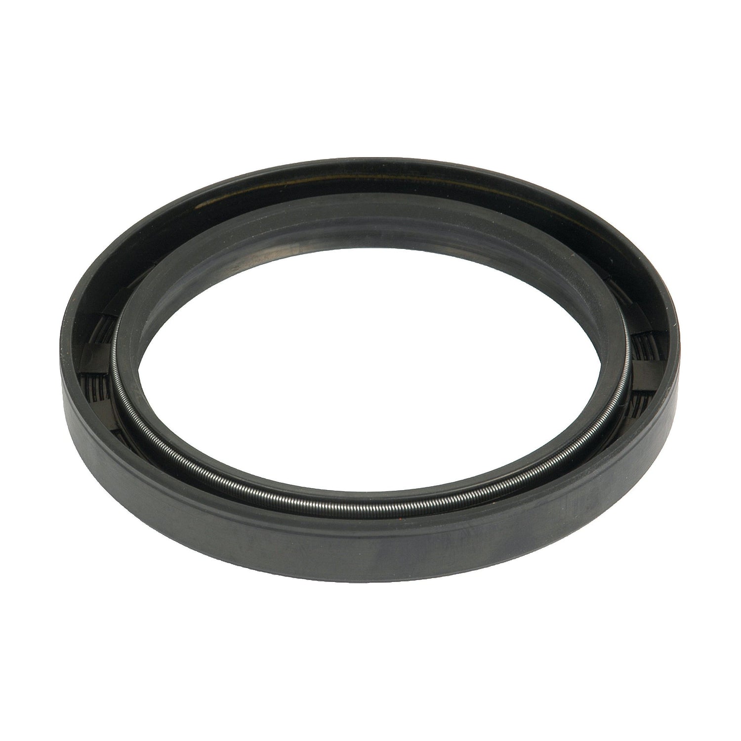 The Sparex Imperial Rotary Shaft Seal, 3 3/8'' x 4 3/8'' x 1/2'' Double Lip (Sparex Part No. S.58713), is a black, round rubber oil seal featuring a metallic spring on the inner edge and a double lip design, making it perfect for sealing automotive or machinery parts.