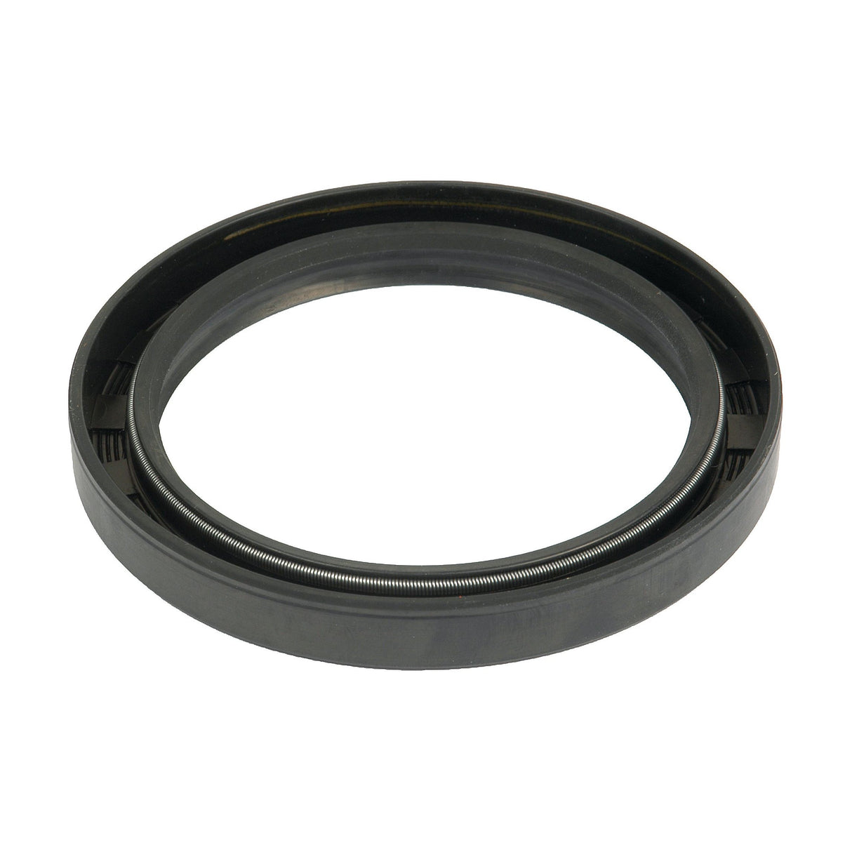 Close-up image of a black, round Sparex Imperial Rotary Shaft Seal, 3 3/8'' x 4 3/8'' x 1/2'', with a metal spring around the inner edge. This Sparex Part No.S.58713 oil seal features a double lip design for enhanced performance.