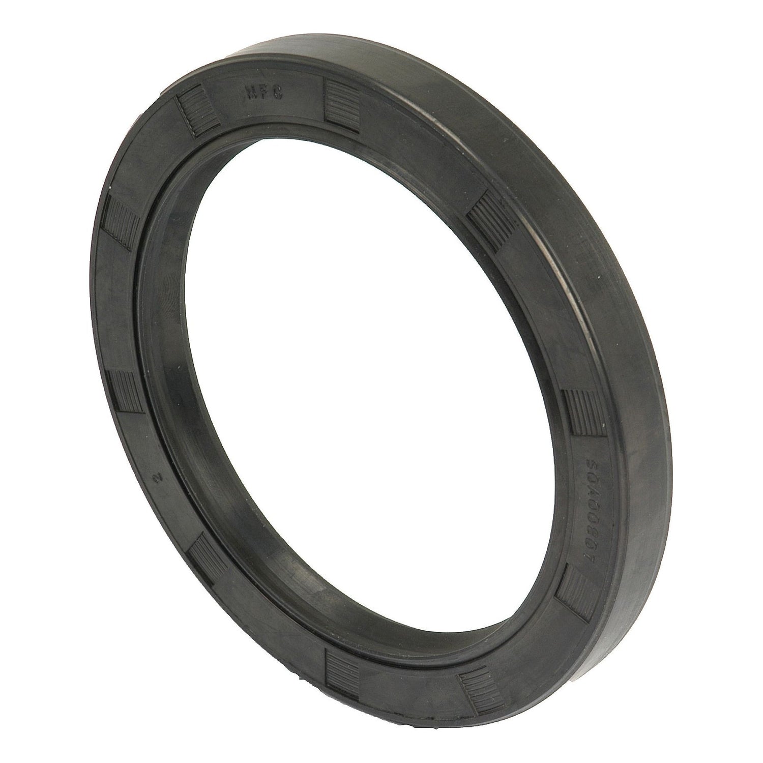 An Imperial Rotary Shaft Seal from Sparex (Part No. S.58713), measuring 3 3/8'' x 4 3/8'' x 1/2'', featuring a black rubber construction with double lips and grooved patterns on its outer surface, displayed against a white background.