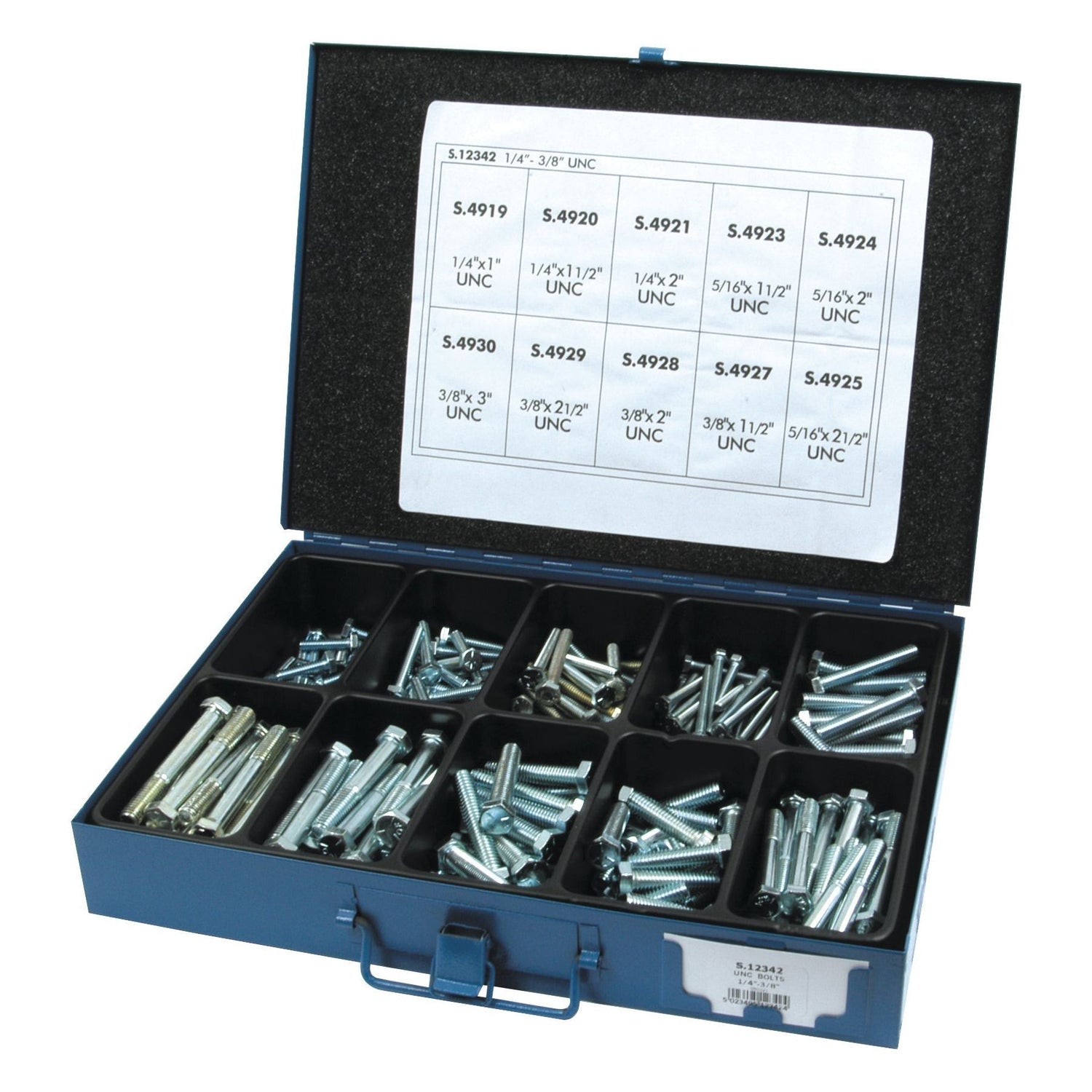 A metal storage case with multiple compartments, each holding different sizes of Sparex Imperial Setscrews ranging from 1/4 to 3/8 inches in diameter and 1 to 3 inches in length (DIN Standard Nos. DIN 931/933). A chart inside the lid lists the screw sizes, their corresponding codes (S.12342), and their tensile strength ratings of 8.8.