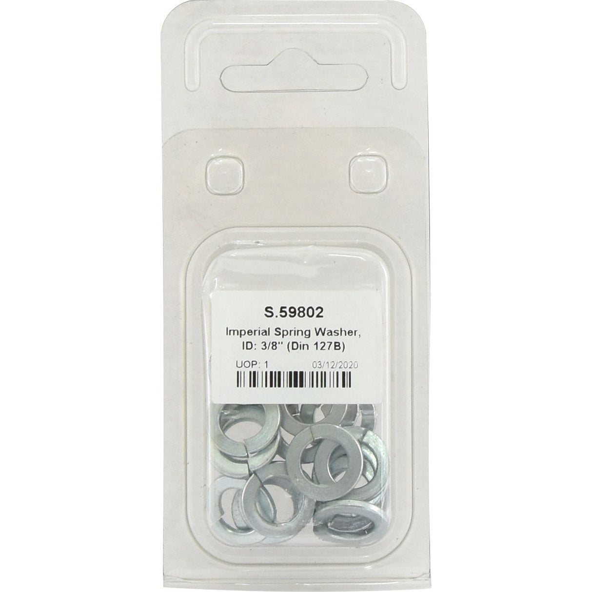 A package of Imperial Spring Washers, ID: 3/8" (DIN 127B), Zinc Plated, labeled with the product code S.59802 and a manufacturing date of 03/12/2020, from Sparex brand, contains 20 pieces and is listed as part number S.59802 with standard number DIN 127B.
