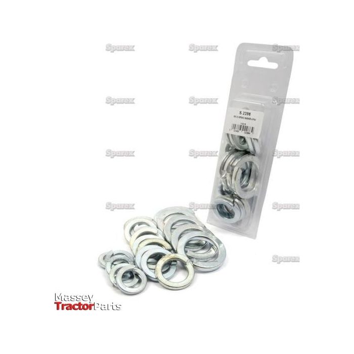 A package of zinc-plated washers and a loose pile of Imperial Spring Washers (ID: 5/8'' DIN 127B, 20 pcs. Agripak | Sparex Part No.S.2286) from the Sparex brand are displayed on a white background. The package features a label and displays the Massey Tractor Parts logo in the bottom left corner.