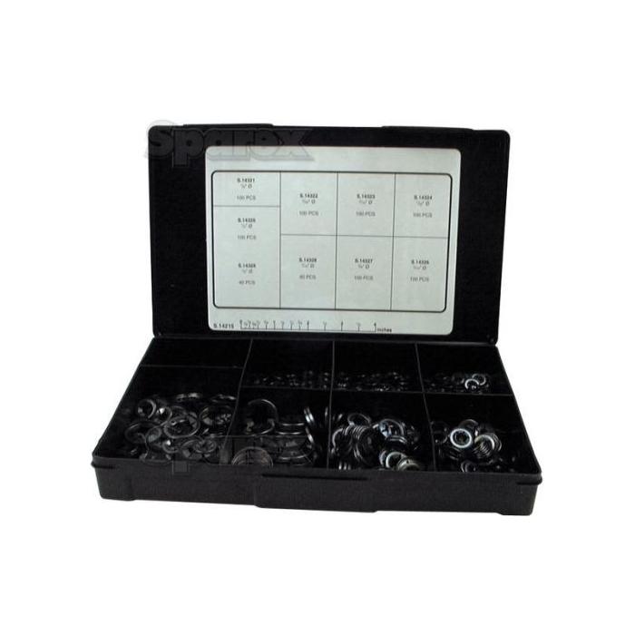 A black Sparex Imperial Starlock Washer Handipak, Part No. S.14215, containing 780 pieces in various sizes along with a labeled chart inside the lid for easy identification.