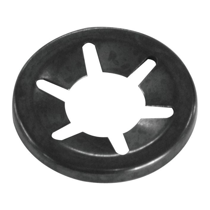 A black, circular metal push nut with six inward-pointing tabs and a central hole, similar to the Imperial Starlock Washer from the 780 pcs. Handipak by Sparex (Part No. S.14215).