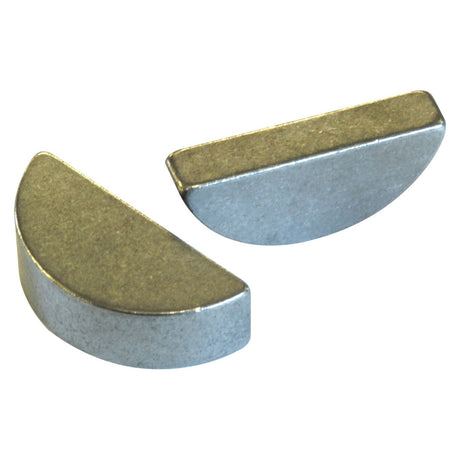 Two metal semicircular Imperial Woodruff Keys from Sparex (184 pcs. Handipak, Din 6888 - S.2925), with one lying flat and the other standing upright, used for securing rotating parts on a shaft. Suitable for various mechanical applications, these keys come with detailed product specifications for easy reference during installation.