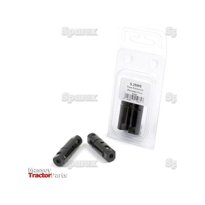 Package containing two In Line Porcelain Fuse Holders (max 8.0 amps) for agricultural machinery from Sparex, with three additional similarly designed fuse holders placed next to it on a white background.