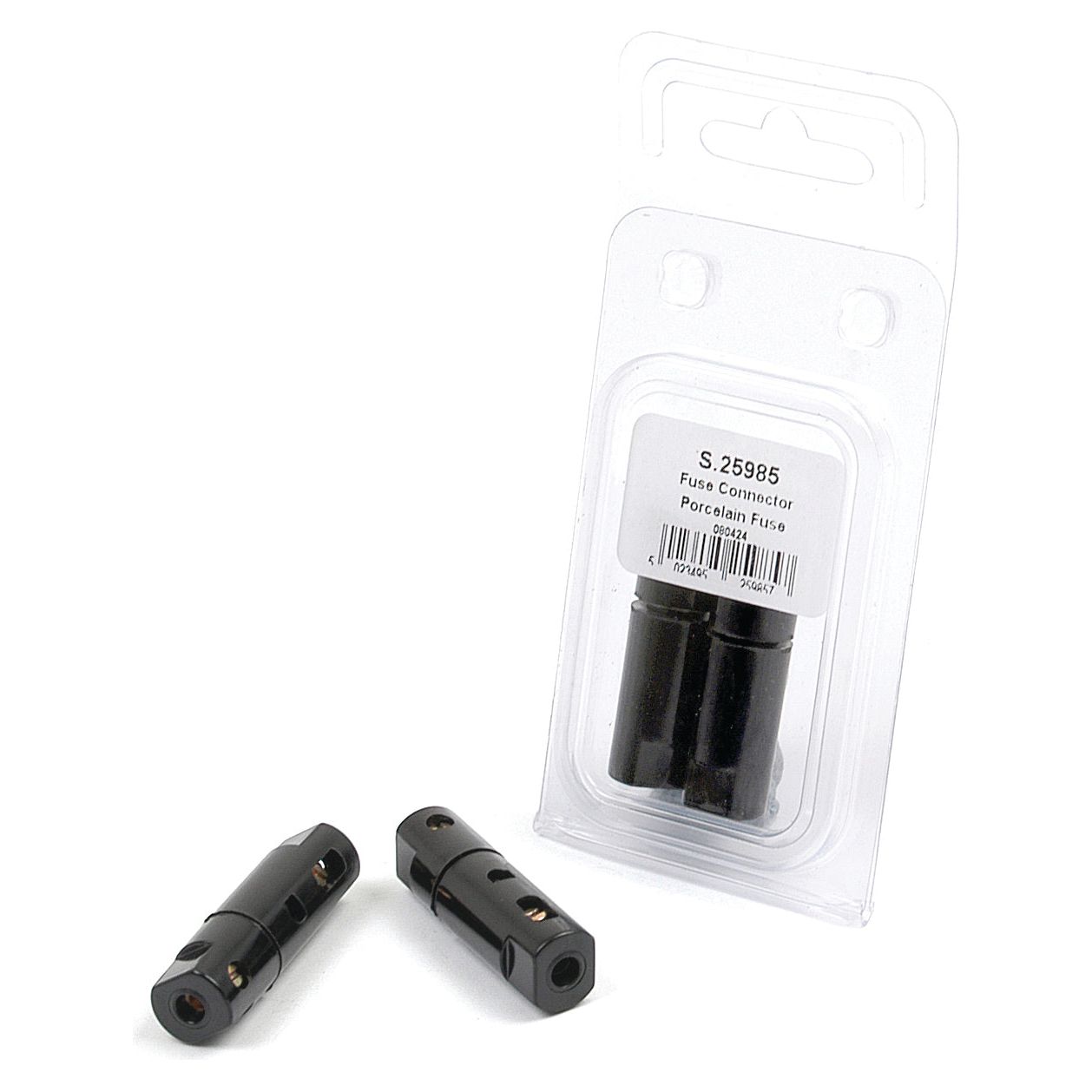 Two black fuse connectors are displayed, one in a clear plastic package with a label that includes product details and a barcode, and two others outside of it on a white background. These 8.0 Amps connectors by Sparex are designed to fit the Sparex In Line Porcelain Fuse Holder seamlessly (Sparex Part No. S.25985).