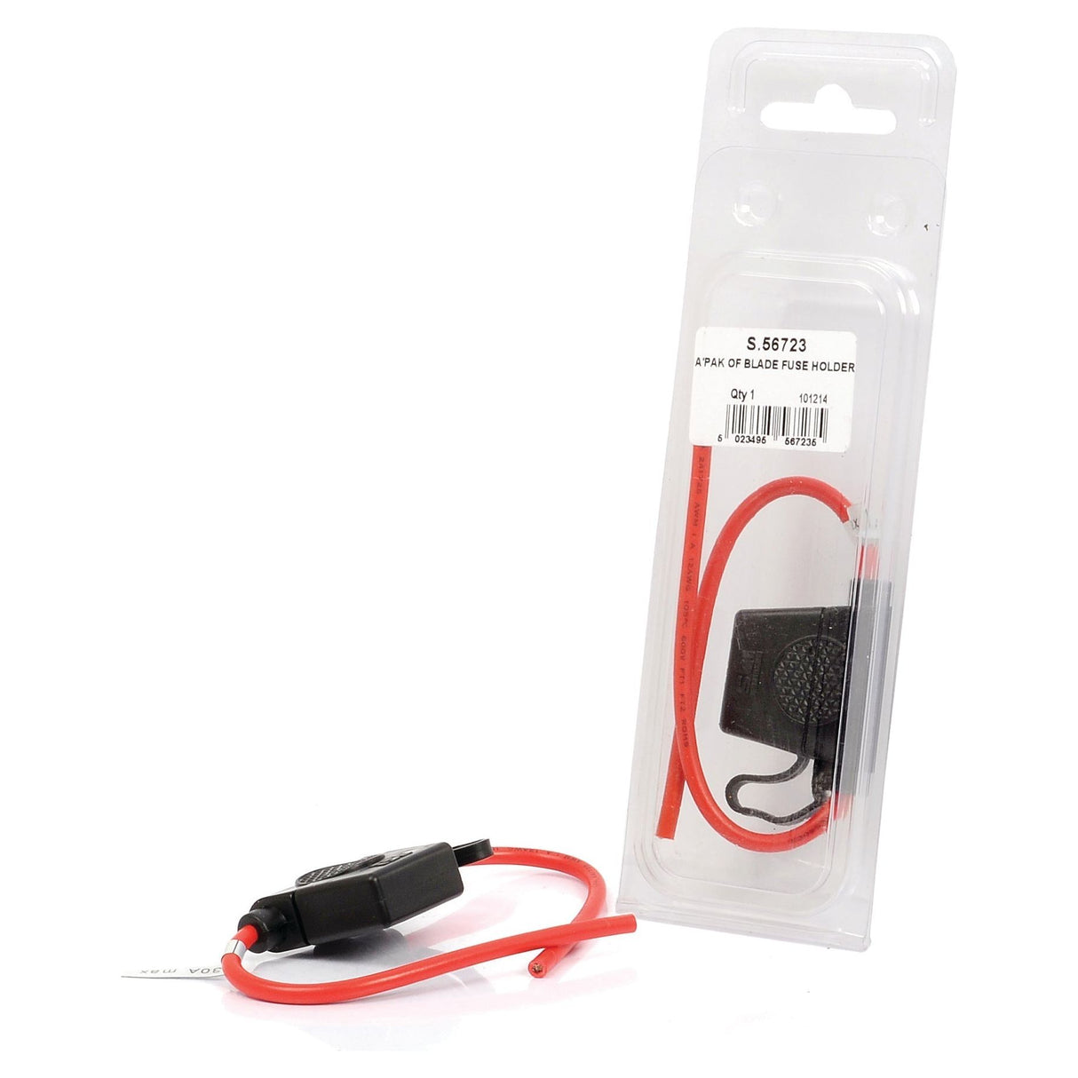 Packaged Sparex In Line Standard Blade Fuse Holder (Agripak 1 pc.) - S.56723 with a red wire and black fuse casing, shown against a white background. The package includes a 30A fuse holder.