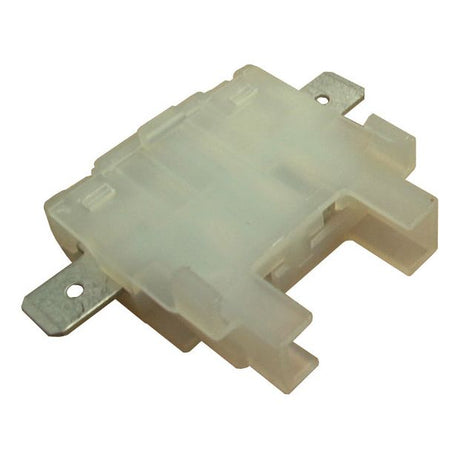 The Sparex In-Line Standard Blade Fuse Holder Agripak - S.14965 is a translucent, rectangular plastic electrical connector with metal tabs on the sides, designed for an in-line blade fuse holder setup.