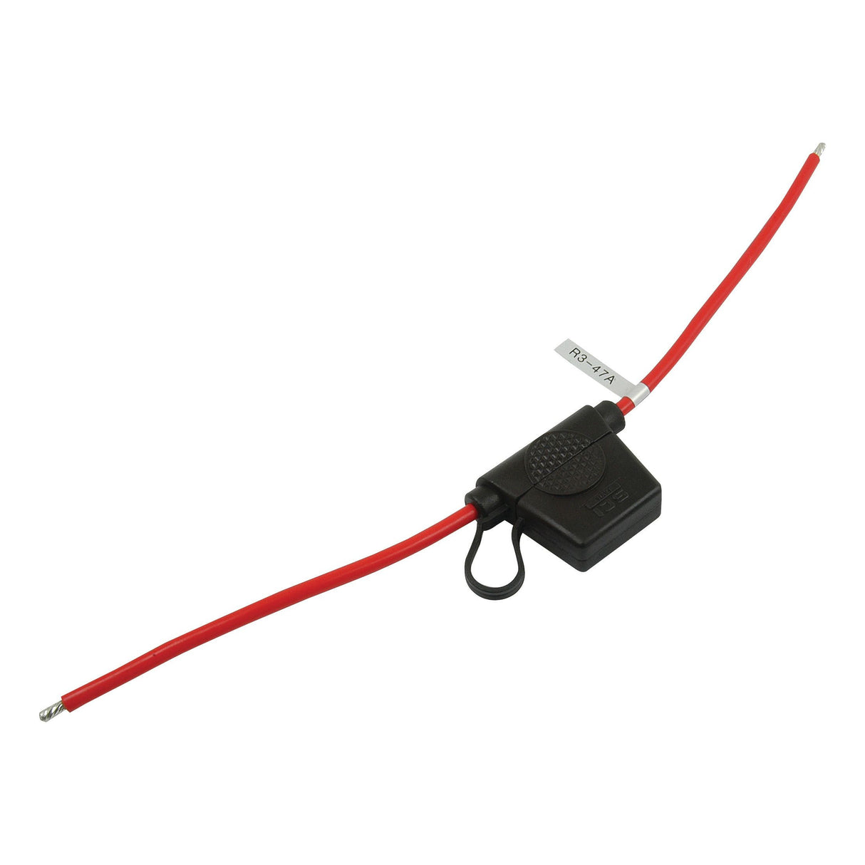 A Sparex In Line Standard Blade Fuse Holder - S.79014, featuring a red casing with attached wires and a protective cover.