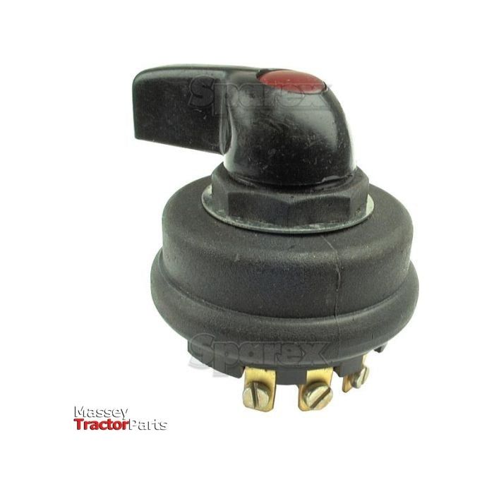 A black rotary indicator switch branded "Sparex," with part number S.5959, featuring four brass terminals at the base and a red indicator button on the top. Labeled "Massey Tractor Parts," it is also compatible with David Brown tractors.