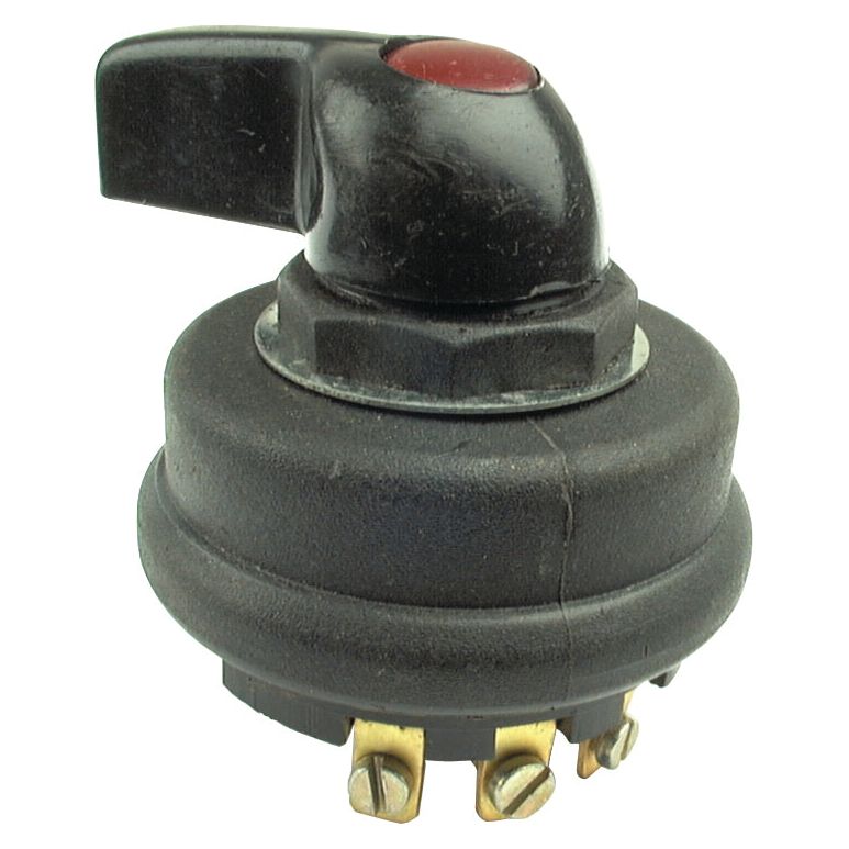 A black Indicator Switch (Sparex Part No. S.5959) with a red button on its handle, three brass terminals at the base, and a cylindrical body seen from an angled perspective. Resembling an indicator switch on David Brown tractors, the Sparex switch appears robust and reliable.
