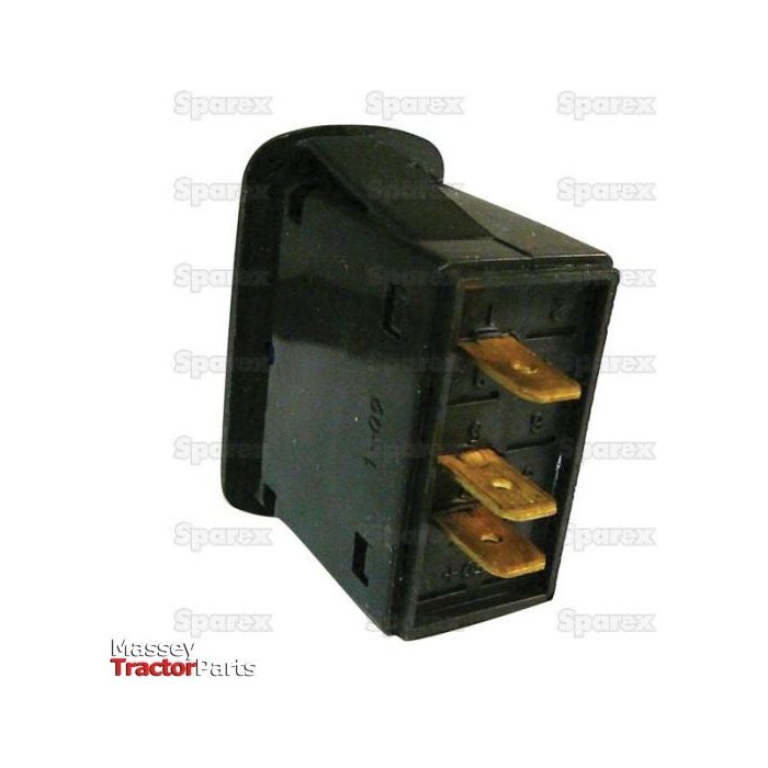 Close-up of a black plastic Indicator Switch by Sparex (Sparex Part No. S.67124) with three brass terminal connectors on a white background.