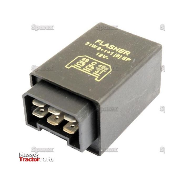 A black Indicator Unit (Sparex Part No. S.35900) featuring labeled specifications, four metal prongs for electrical connection, and logos of Massey Tractor Parts and Sparex.