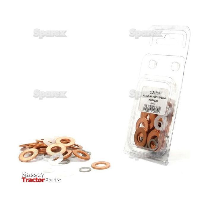 A package of Sparex injector sealing washers with some washers spread out next to it. The package label shows part number S.21780, clearly marked as Injector Sealing Washers (Agripak 42 pcs.). The white background is labeled with both "Massey Tractor Parts" and "Sparex.