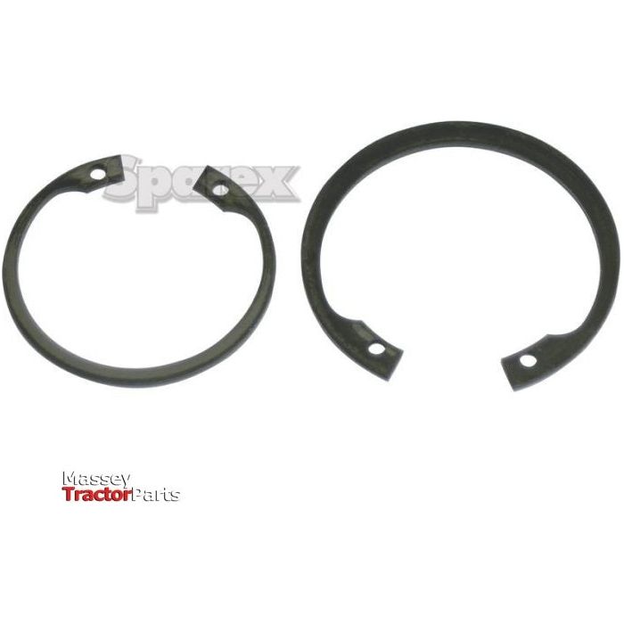 Two black internal circlips on a white background. The left one, a smaller DIN 472, is open, while the right one is a larger Sparex Internal Circlip (Part No. S.55121), measuring 110mm and almost closed.