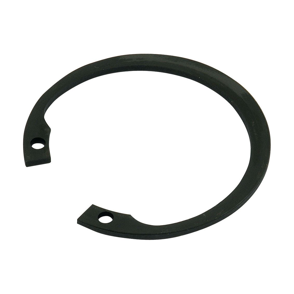 The Sparex Internal Circlip, 47mm (Sparex Part No. S.55106), adheres to DIN 472 standards and features a black finish with two holes near its open ends, making it ideal for securing parts on a shaft or in a bore.