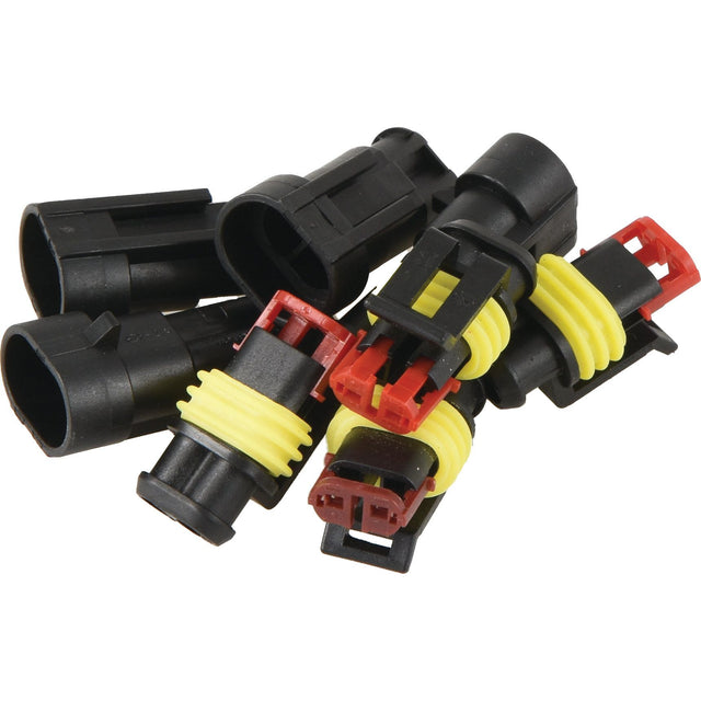 A collection of Italian Superseal 2 Pole Refill 8pcs - S.153135 by Sparex, featuring black plastic electrical connectors with red and yellow components, including four male and four female pieces, displayed on a white background.