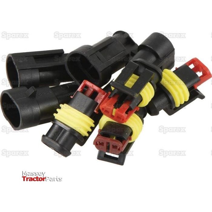 Several black electrical connectors with yellow seals and red clips, including Male x 4 pcs. and Female x 4 pcs., from the Italian Superseal 2 Pole Refill 8pcs - S.153135 by Sparex, are piled together against a white background.