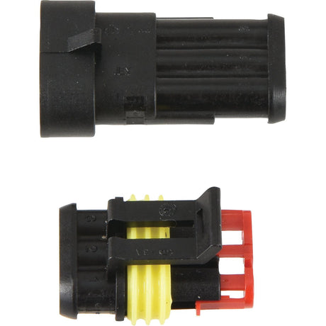 Two automotive electrical connectors: one black, cylindrical male connector and one black, yellow, and red rectangular female connector with multiple pins, both from the Italian Superseal 3 Pole Refill 6pcs - S.153136 by Sparex.