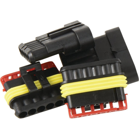 Close-up of the Italian Superseal 6 Pole Refill 4pcs - S.153139 by Sparex, featuring a black and red electrical connector with multiple pins, yellow rubber seals, and female connectors for secure connections.