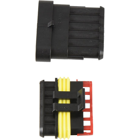 Two automotive electrical connectors from Sparex are displayed against a white background. One connector is solid black, while the other features a design in black, yellow, and red. These Italian Superseal 6 Pole Refill connectors (S.153139) come in a pack of four and serve as essential spare parts for various vehicle systems.
