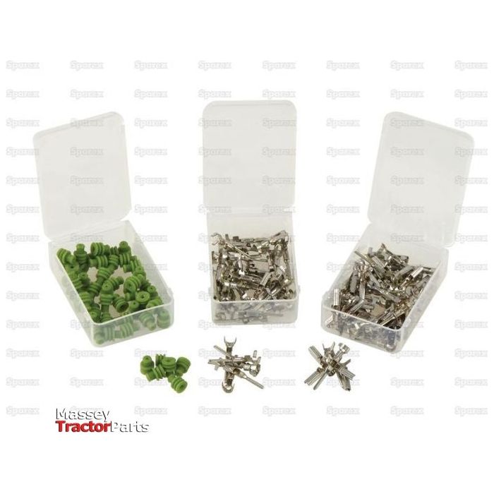 Three open plastic containers filled with small metal and plastic parts are arranged side by side. The left container holds green plastic caps, the middle container holds various metal components, including Socket 0.3-0.5mm² connectors, and the right container contains Italian Superseal Pin & Seal Refill 150pcs (S.153132) from Sparex.