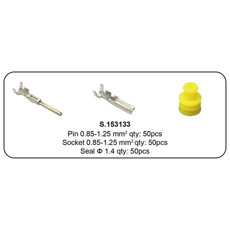 Image showcasing the Sparex Italian Superseal Pin & Seal Refill 150pcs (Product code: S.153133), containing electrical connectors and a yellow seal with a diameter of Ø 1.4 mm. This kit includes 50 pins suitable for wires sized 0.85-1.25 mm², 50 sockets for the same wire sizes, and 50 seals measuring Ø 1.4 mm each.