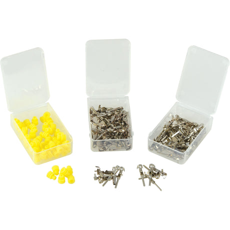 Three open plastic containers from the Italian Superseal Pin & Seal Refill 150pcs - S.153133, by Sparex, display yellow plugs in the left container, metal pins Pin 0.85-1.25mm² in the middle, and metal pins with hooks on the right.