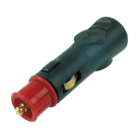 A close-up of the Sparex Jack/Cigar Lighter Plug (2 Function) 12V, Part No. S.12826, in black and red, with a fuse holder, showcasing its dual functions.