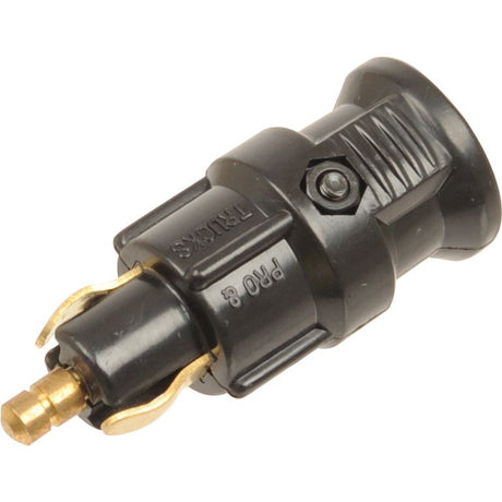 A close-up of a black trailer flat jack plug with brass contacts and protective housing. Labeled "PRO G," this Sparex model S.51197 ensures a secure connection.