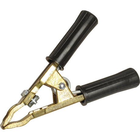 The Jump Lead Cable Handle 300a Black (Sparex Part No. S.50041) by Sparex is a heavy-duty metal alligator clip with black plastic handles, perfect for electrical connections or holding objects, and capable of handling up to 300 amps, making it ideal for jump lead cables.