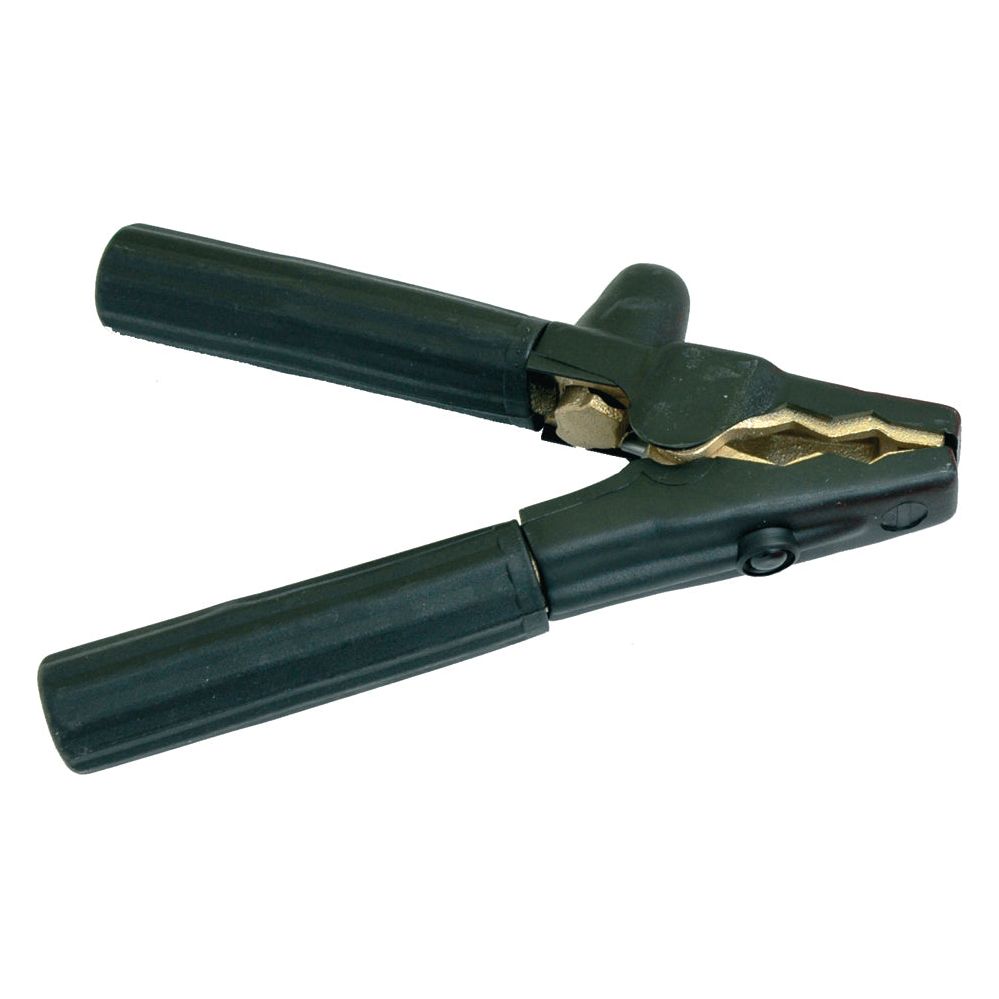 The Jump Lead Cable Handle by Sparex (Part No. S.35508) is a black, spring-loaded alligator clamp featuring gold-toned metal jaws and black insulated handles, ideal for electrical connections. Designed to be compatible with other Sparex parts, it can also function effectively as a handle for jump lead cables in various applications.