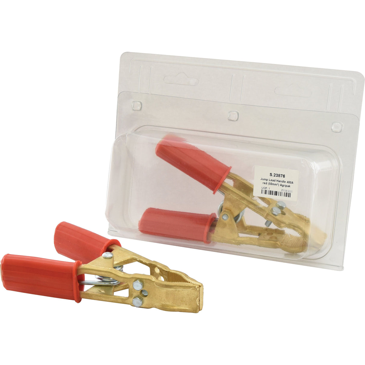 Image of the Jump Lead Cable Handle 400a Red (Sparex Part No.S.23876) package, containing two red, copper alligator clips with plastic covers, ideal for 400a jump lead cables by Sparex.