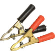 Two alligator clips, one with a black handle and the other with a red handle, resemble the sturdy Sparex Booster Cable Handles 300A (Sparex Part No. S.23236), often found in Sparex kits, shown side by side.