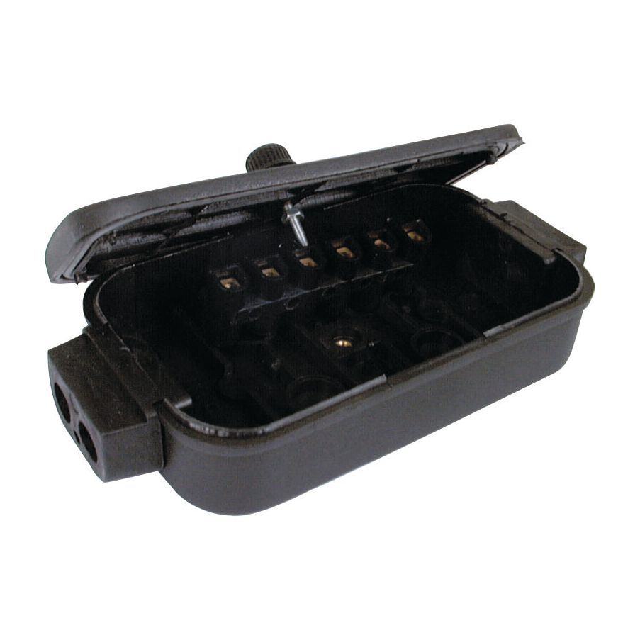Open Sparex black plastic Junction Box (Part No. S.6512) with 6 screw terminals, a protruding knob, and an attached cover.