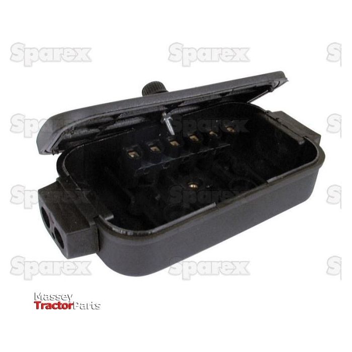 A black, rectangular plastic junction box, identified as the Junction Box - Plastic - 6 Terminals (Sparex Part No.S.6512), features an open hinged lid that reveals six internal terminals. The background includes a repeating "Sparex" watermark, with "Massey TractorParts" displayed at the bottom left.