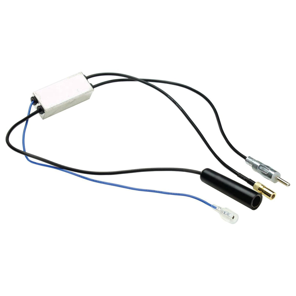 The Sparex DAB splitter (model S.150463), suited for Kenwood radios, features a metal casing with two black cables and connectors: one with a cylindrical plug and the other with a smaller plug and accompanying blue wire, making it perfect for improving your Kenwood radio setup or connecting an FM antenna.