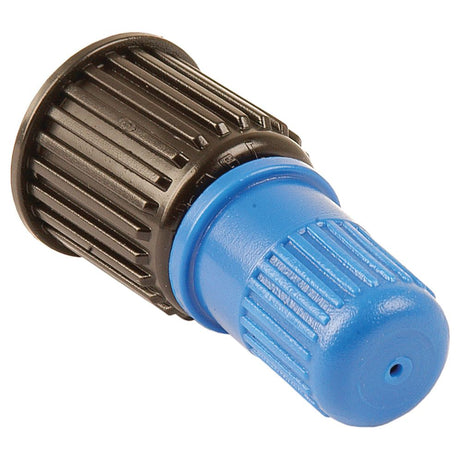 Close-up of a black and blue drip irrigation emitter with a ridged texture and cylindrical shape, featuring the Sparex Knapsack Adjustable Cone Nozzle (Blue) | Sparex Part No.S.52440.