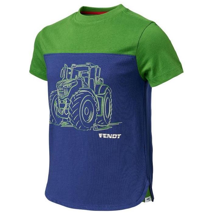 A children's cotton T-shirt in green and blue with short sleeves, featuring a line drawing of a Fendt 1050 Vario tractor on the front and the word "Fendt" below is listed as the Fendt - Kids Green and Blue T-shirt - X99102012C by AGCO.