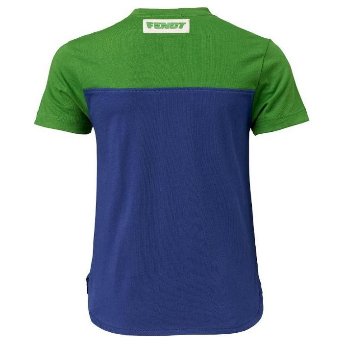Back view of the AGCO Fendt - Kids Green and Blue T-shirt (X99102012C), featuring a green top section and blue bottom section, along with a white label with text at the upper back. Made from soft cotton, it showcases a cool Fendt 1050 Vario print.