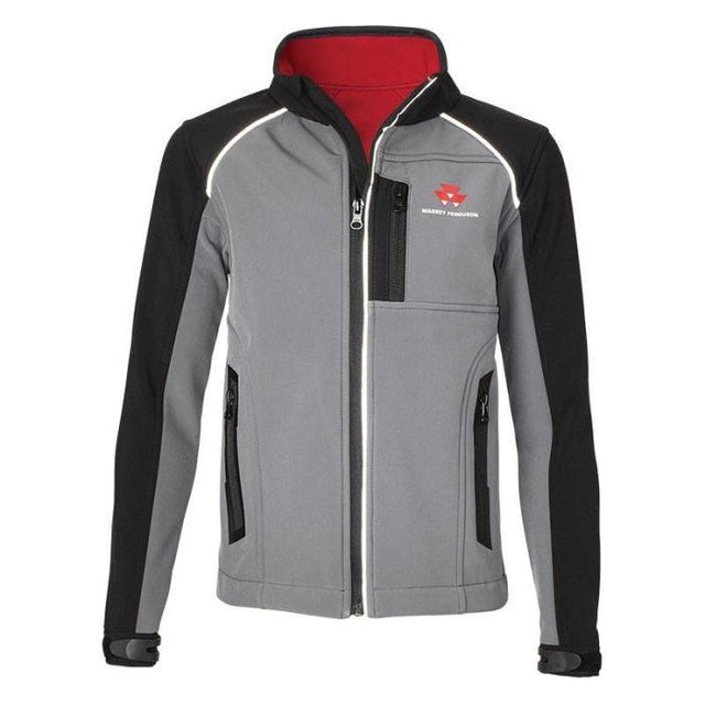 The AGCO Massey Ferguson Kids Softshell (X993311802) is a grey and black zip-up jacket with a red interior, multiple pockets, and a chest pocket featuring the Massey Ferguson logo and text.