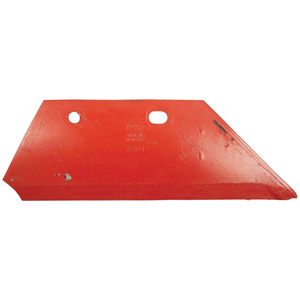 A red metal Sparex Knock-On Share, 16'' (405mm) - LH (Kverneland) to fit as KK083019R with two holes and angled edges, viewed against a white background.