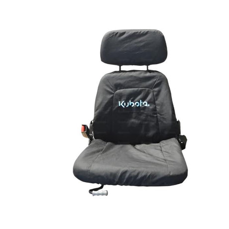Black seat cover for a mini digger, part number S.127943 by Sparex. The image displays the "Kubota" logo and includes a product branding watermark for Massey Tractor Parts in the bottom left corner. Ideal for plant and construction use, this seat cover is designed to withstand tough conditions and is fully waterproof.