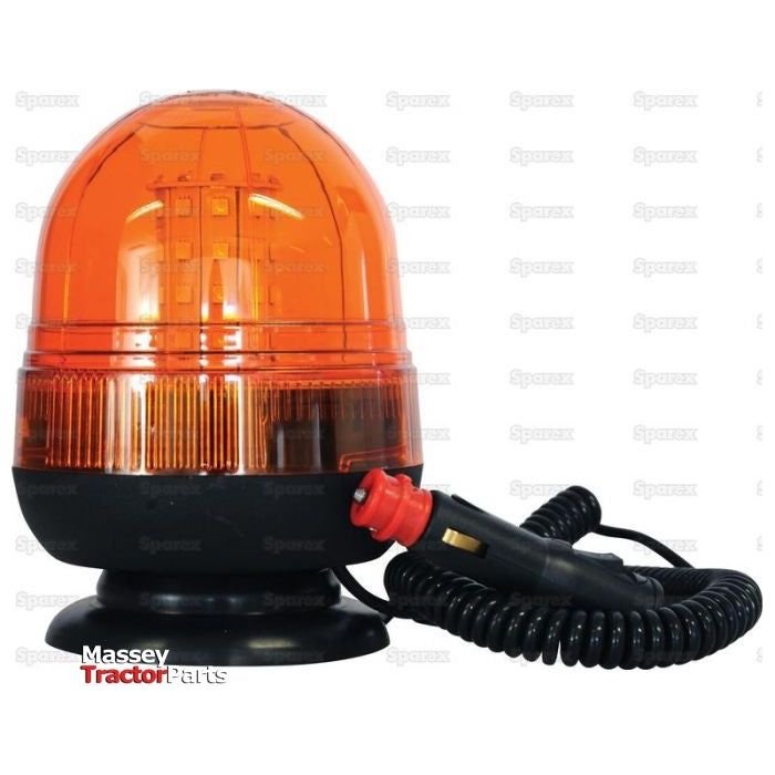 A Sparex LED Beacon (Amber) with Class 3 interference, magnetic fixing, 12-24V power input, coiled power cord, and cigarette lighter plug, labeled "Massey Tractor Parts," featuring an IP55 rating - S.113215.