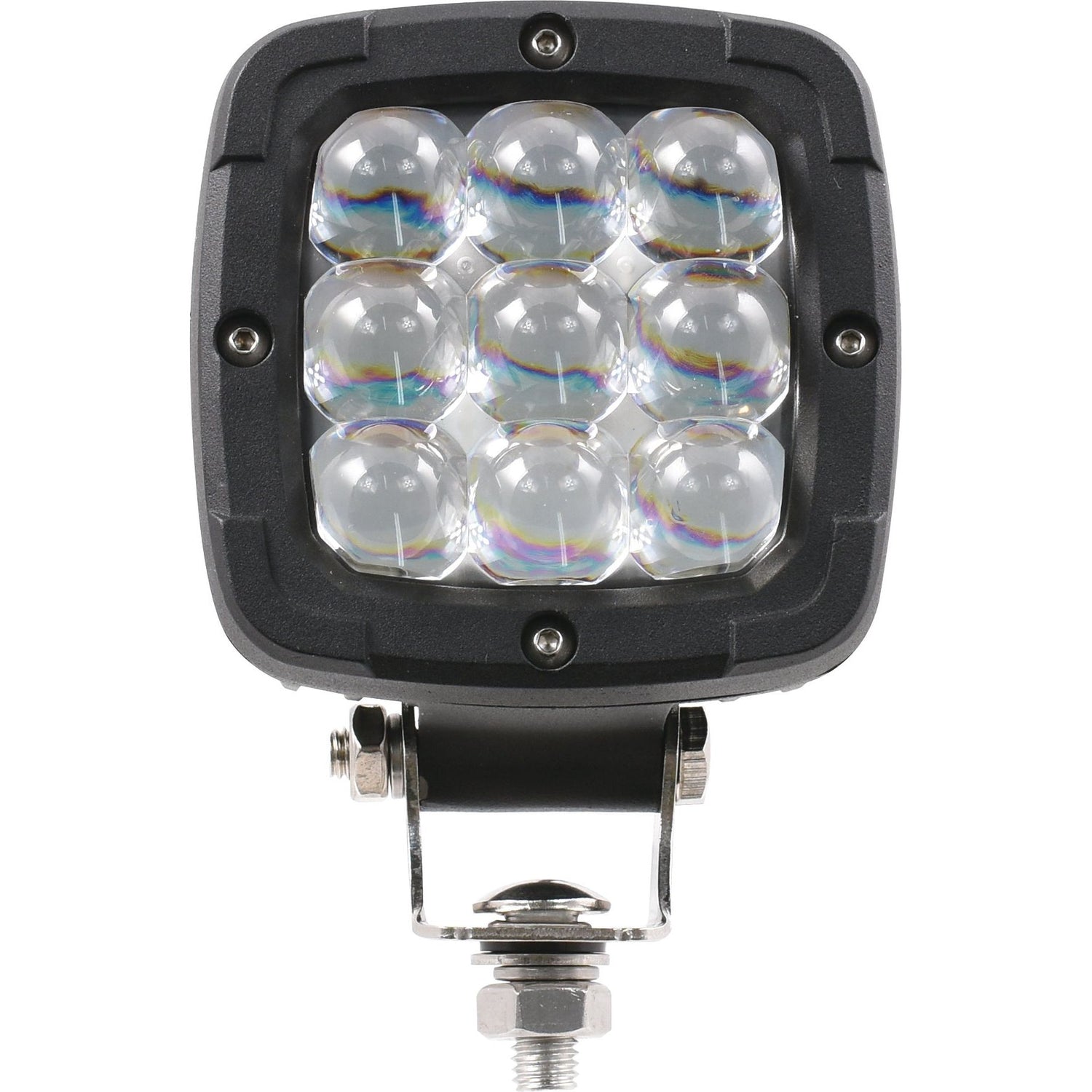 Close-up of the Sparex LED Blue Spot Work Light for Spraying, model S.148191, featuring nine circular lenses within a square frame. It's securely mounted on a metal bracket with a screw at the bottom and designed to deliver a powerful spot beam. This robust light boasts an IP69K rating, ensuring ultimate protection against dust and water for demanding environments, suitable for 10-80V applications.