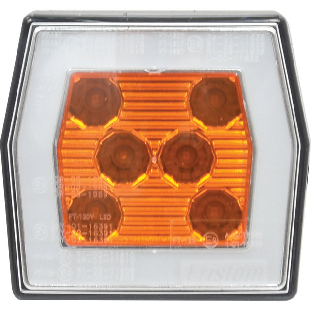 The Sparex LED Front Combination Light, 12-36V (RH & LH) - S.143054 features a square amber LED light with five circular segments arranged in an X pattern, encased in a transparent, pentagon-shaped cover. Suitable for various applications, this design ensures optimal visibility and modern aesthetics.